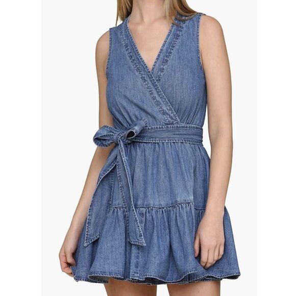 NWT Avec Les Filles Anthropologie Tie Waist Wrap Denim Mini Dress Size 2 $158 - Picture 2 of 11